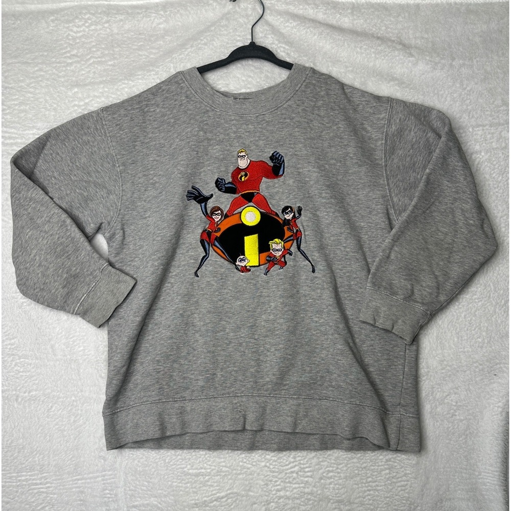 Vinatge Disney The Incredibles Sweatshirt Kids Size M Gray Embroidered Crewneck